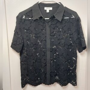 Nine West Black Lace Front Button Short Sleeve Blouse Size S